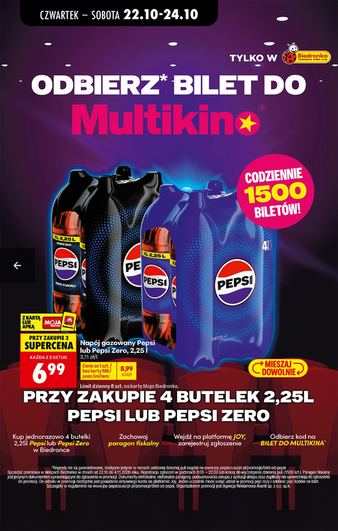 Odbierz DARMOWY BILET do MULTIKiNA za zakup 4 butelek 2.25 L Pepsi lub Pepsi Zero - Biedronka