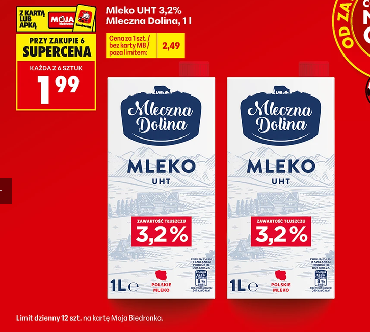 Mleko UHT 3.2% Mleczna Dolina 1 L (przy zakupie 6 op.) - Biedronka