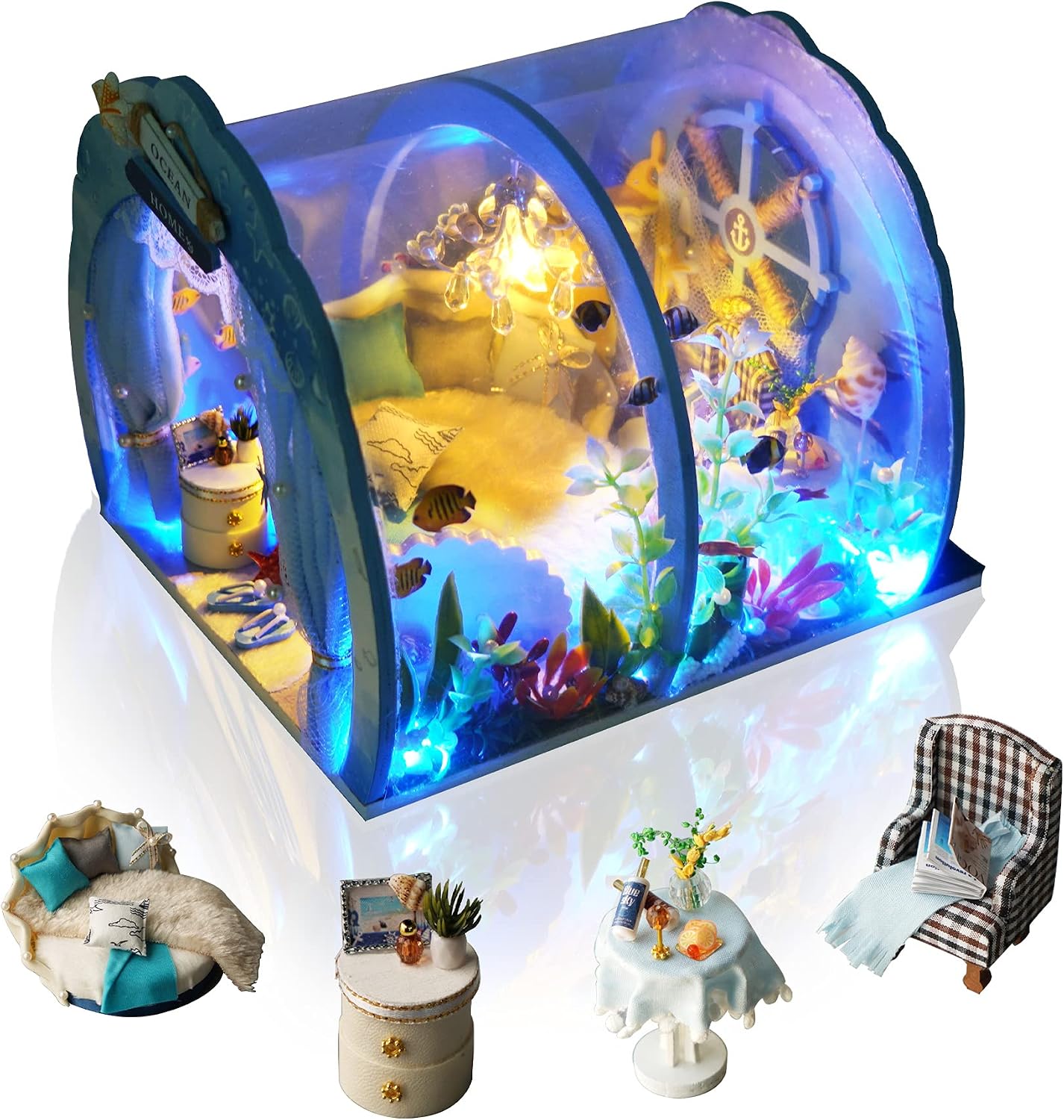 Cuteefun Miniaturowy zestaw do budowania domku dla lalek DIY drewniany budynek z meblami niebieskie światło LED