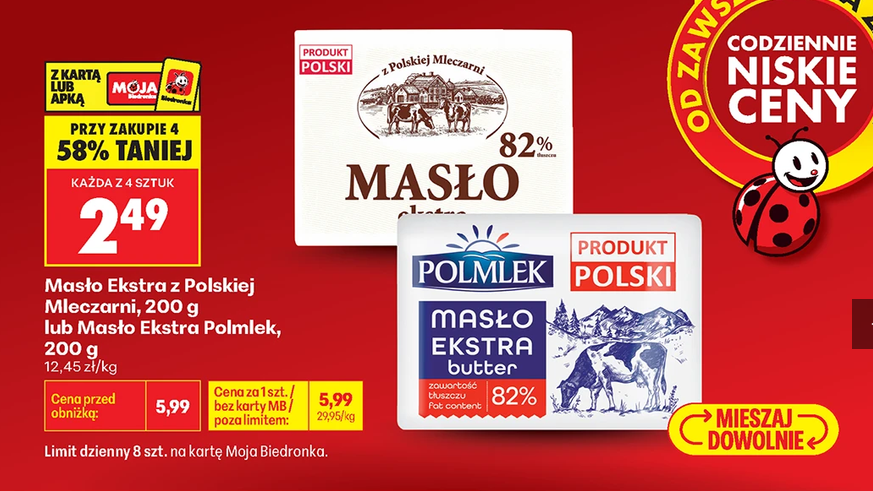 Masło Ekstra z Polskiej Mleczarni 200g lub Masło Ekstra Polmlek 200g (przy zakupie 4 szt.) - Biedronka