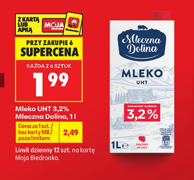 Mleko UHT 3.2% Mleczna Dolina 1 L (przy zakupie 6 op.) - Biedronka
