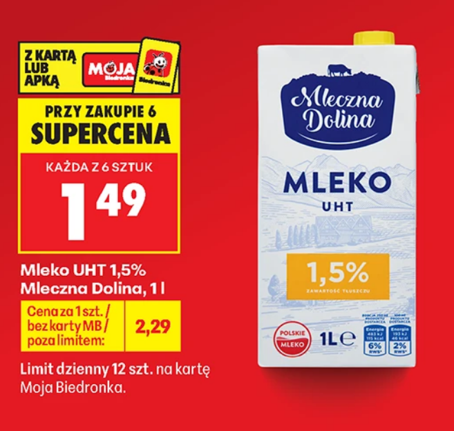 Mleko UHT 1.5% Mleczna Dolina 1 L (przy zakupie 6 op.) - Biedronka