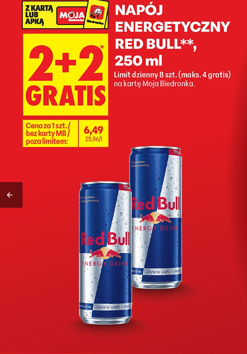 Napój energetyczny RED BULL 250 ml (2+2 GRATIS) - Biedronka