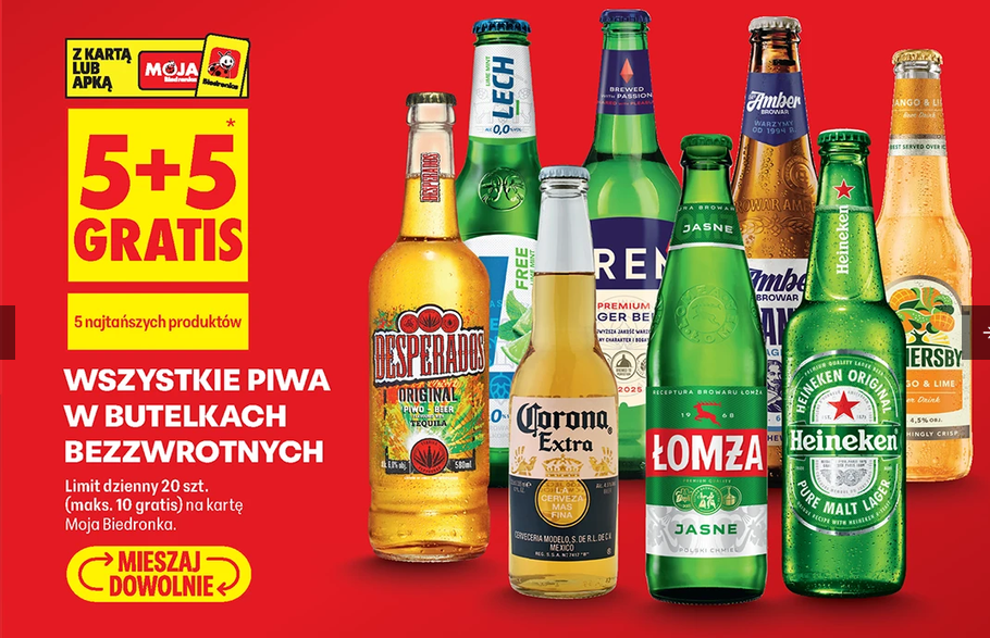 Wszystkie piwa w butelkach bezzwrotnych (5+5 GRATIS) - Biedronka