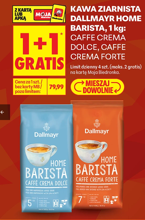 Kawa ziarnista DALLMAYR HOME Barista 1 KG różne rodzaje (1+1 GRATIS) - Biedronka