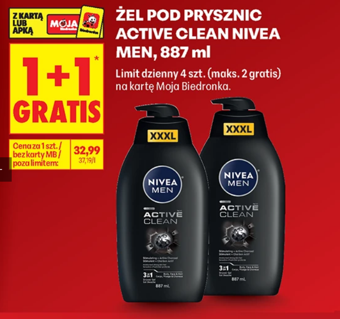Żel pod prysznic Active Clean NIVEA MEN 887 ML (1+1 GRATIS) - Biedronka