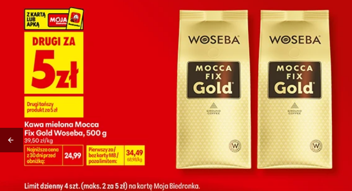 Kawa mielona Mocca Fix Gold Woseba 500g (drugi produkt za 5 PLN) - Biedronka