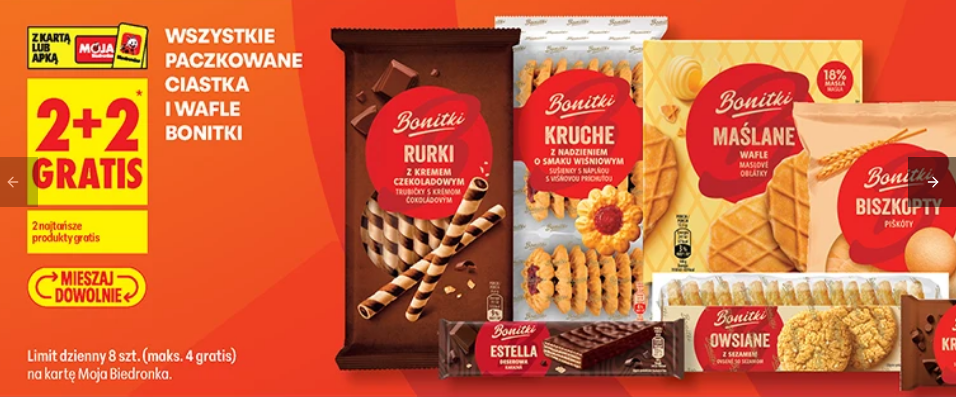 Wszystkie paczkowane ciastka i wafle BONITKI (2+2 GRATIS) - Biedronka