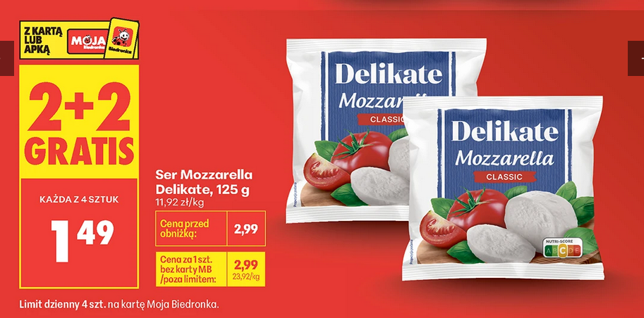 Ser Mozzarella Classic DELICATE, 125g (2+2 GRATiS)
