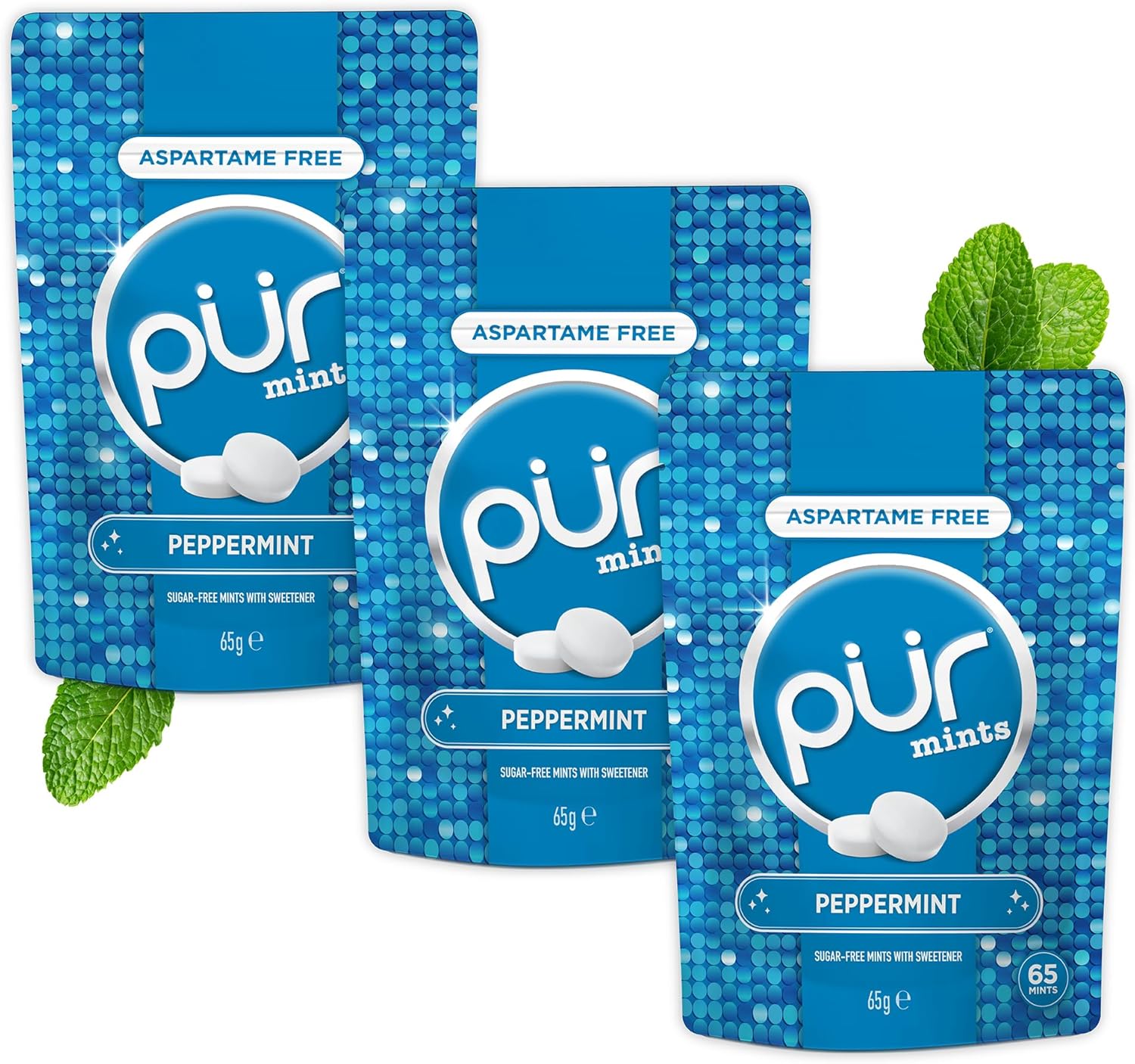 3-PAK - PUR Mints | Miętówki bez aspartamu | Słodzone ksylitolem | Bez cukru, wegańskie, bezglutenowe, 3x65 szt. (3 smaki)