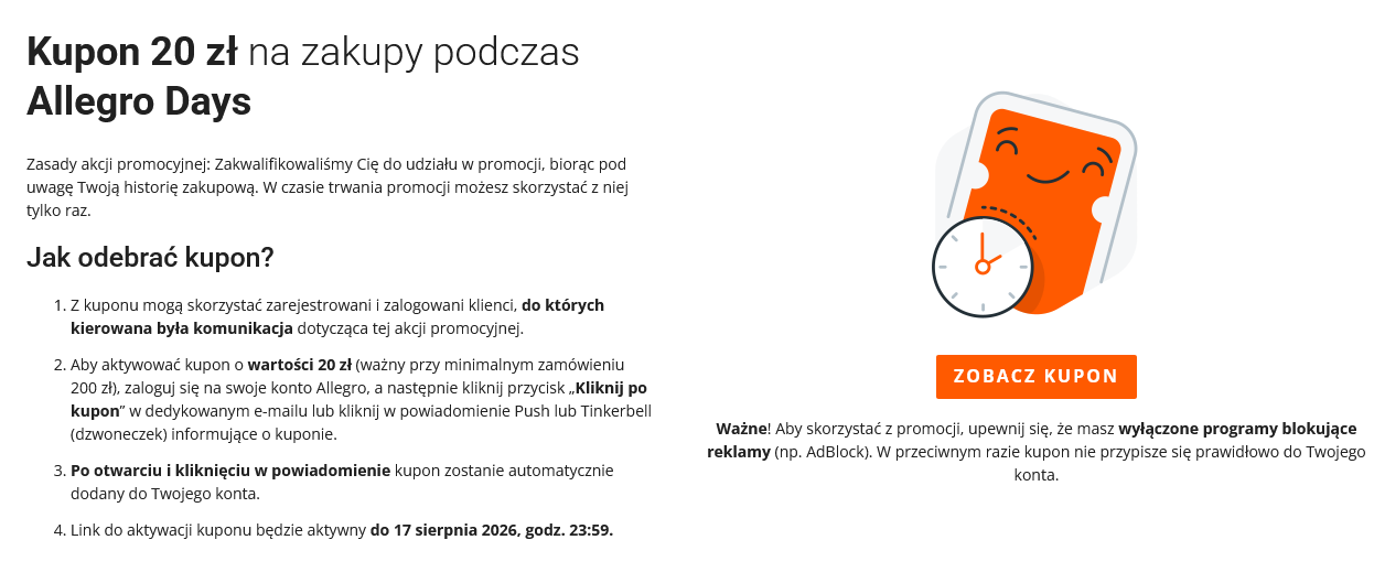 KUPON 20 PLN na zakupy za min. 200 PLN podczas Allegro Days