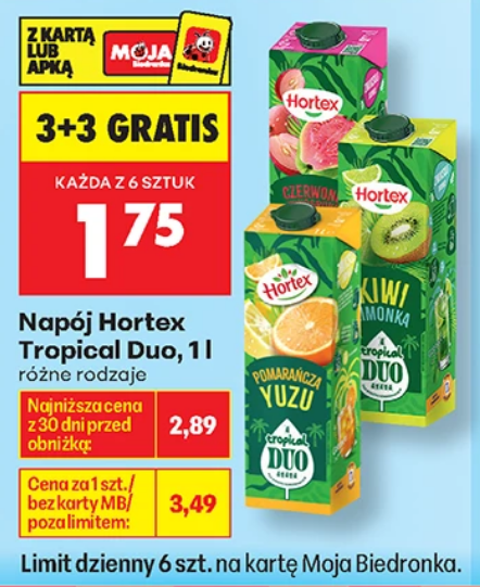 Napój Hortex Tropical DUO, 1 L, różne rodzaje (3+3 GRATIS) - Biedronka
