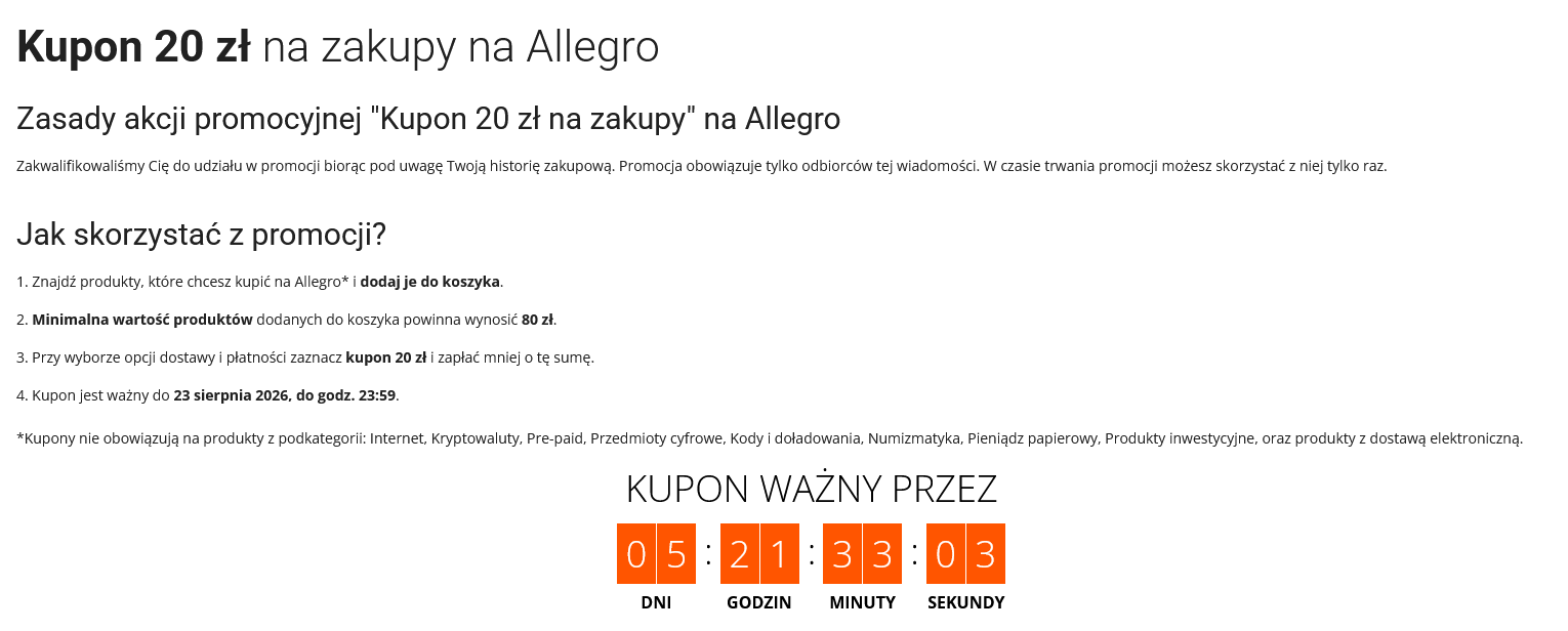 DARMOWY KUPON -20 PLN na zakupy na Allegro, MWZ 80 PLN