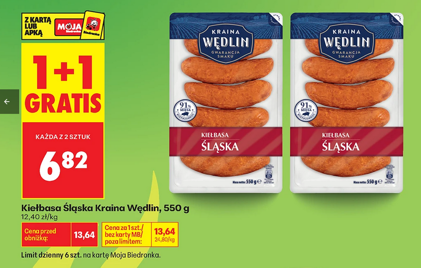 Kiełbasa śląska Kraina Wędlin, 550g (1+1 GRATIS) lub śląska Na co Dzień za 6.30 PLN/ kg - Biedronka