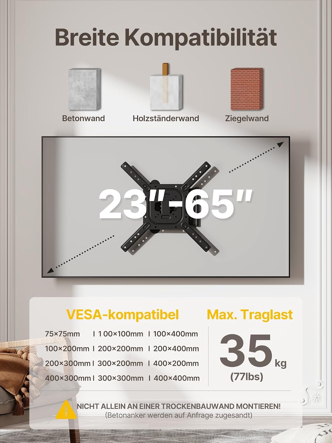 monTEK Uchwyt ścienny do telewizora 23-65 cali 35 kg maks. VESA 400 x 400