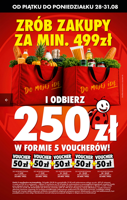 5 VOUCHER'óW po 50 PLN (250 PLN w sumie) za zakupy za min. 499 PLN - Biedronka