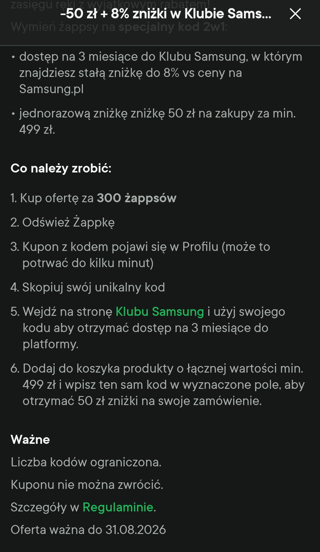 BON -50 PLN za zakupy za min. 499 PLN + 3 MIESIĘCZNY dostęp do Klubu Samsung (8% zniżki na wszystko) za 300 żappsów - ŻABKA