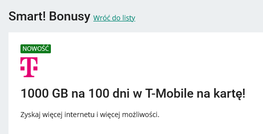 ZA DARMO 1000 GB na 100 dni w T-Mobile na kartę - SMART! bonusy ALLEGRO