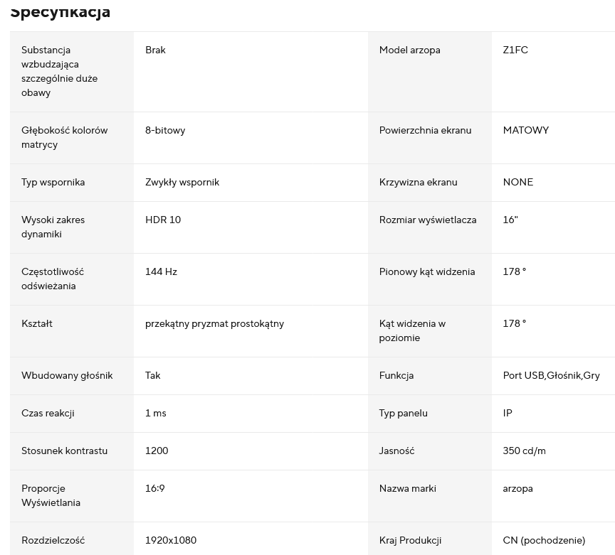 Przenośny Monitor Gamingowy ARZOPA 16,1-calowy 144Hz 100% SRGB 1080P FHD IPS
