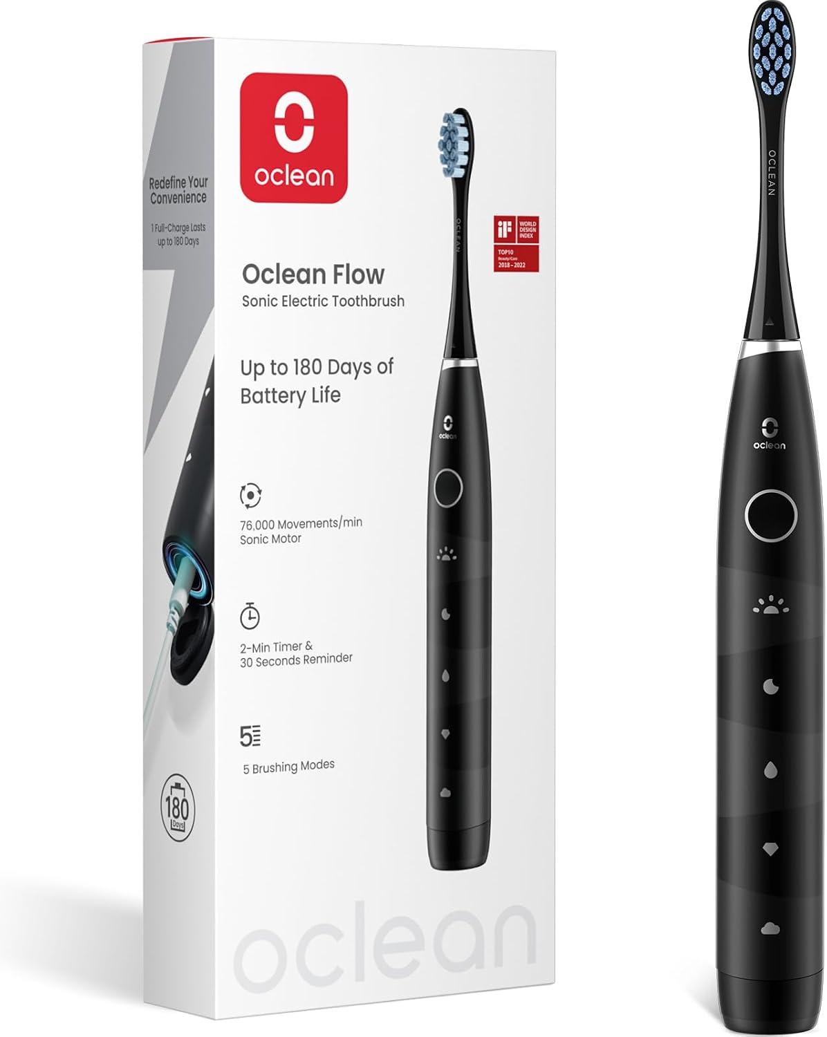 Oclean Sonic Electric Toothbrush szczoteczka do zębów 180 dni IPX7 2-minutowy timer (czarna w opisie)