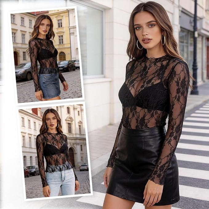 BSBUY Damski seksowny top z przezroczystej siatki koronkowa koszulka z długim rękawem