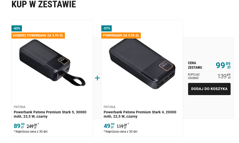 ZESTAW: Powerbank Patona Premium Stark 5 30000 mAh 22,5 W czarny + Powerbank Patona Premium Stark 4 20000 mAh 22,5 W czarny