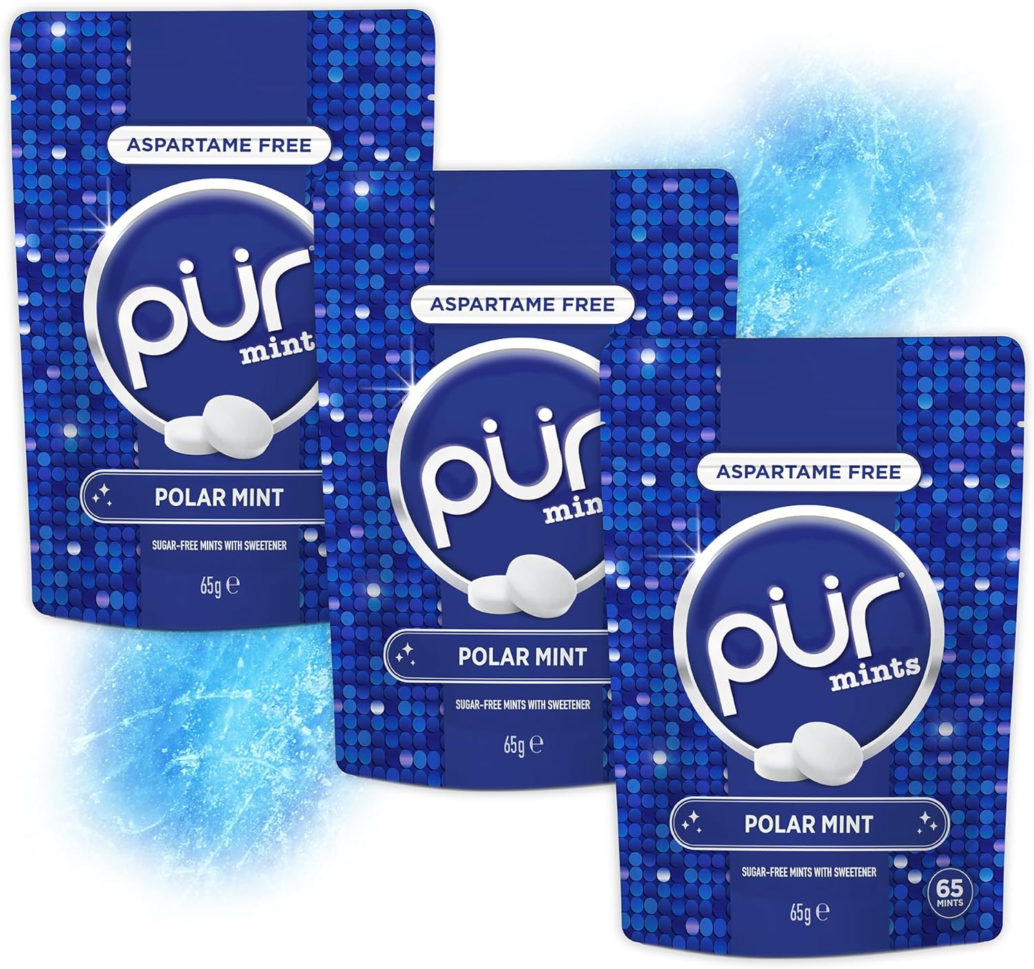 3-PAK - PUR Mints | Miętówki bez aspartamu | Słodzone ksylitolem | Bez cukru, wegańskie, bezglutenowe, 3x65 szt. (3 smaki)