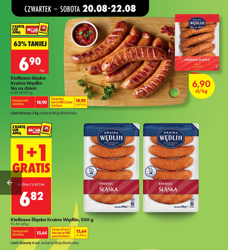 Kiełbasa śląska Kraina Wędlin, 550g (1+1 GRATIS) lub śląska Na co Dzień za 6.30 PLN/ kg - Biedronka
