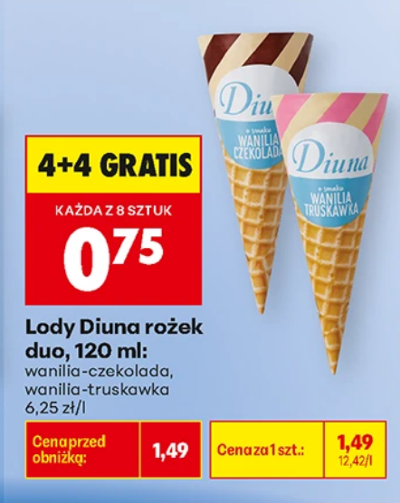 Lody Diuna rożek DUO różne rodzaje 120 ml (4+4 GRATIS) - Biedronka