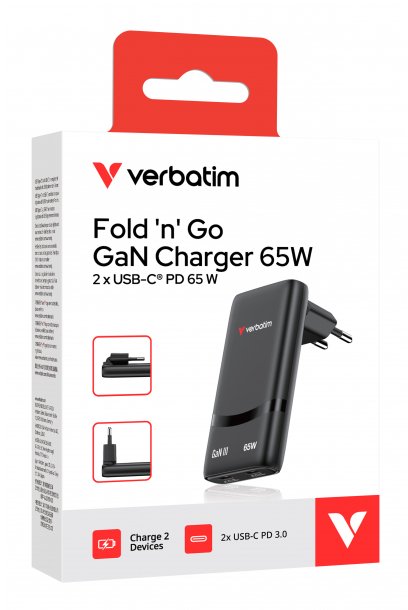 Ładowarka sieciowa Verbatim Fold 'n' Go, GaN, 65 W, 2 porty USB-C, składana, PD3.0