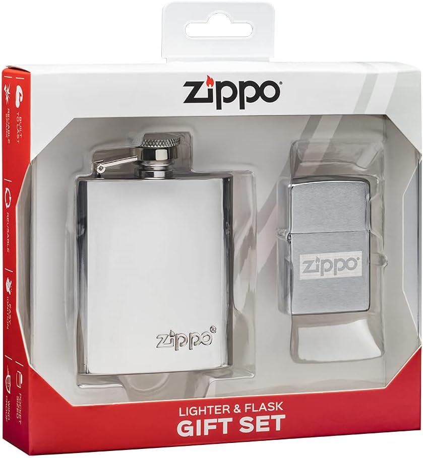 Zestaw prezentowy: Zippo zapalniczka sztormowa i piersiówka, szczotkowany chrom