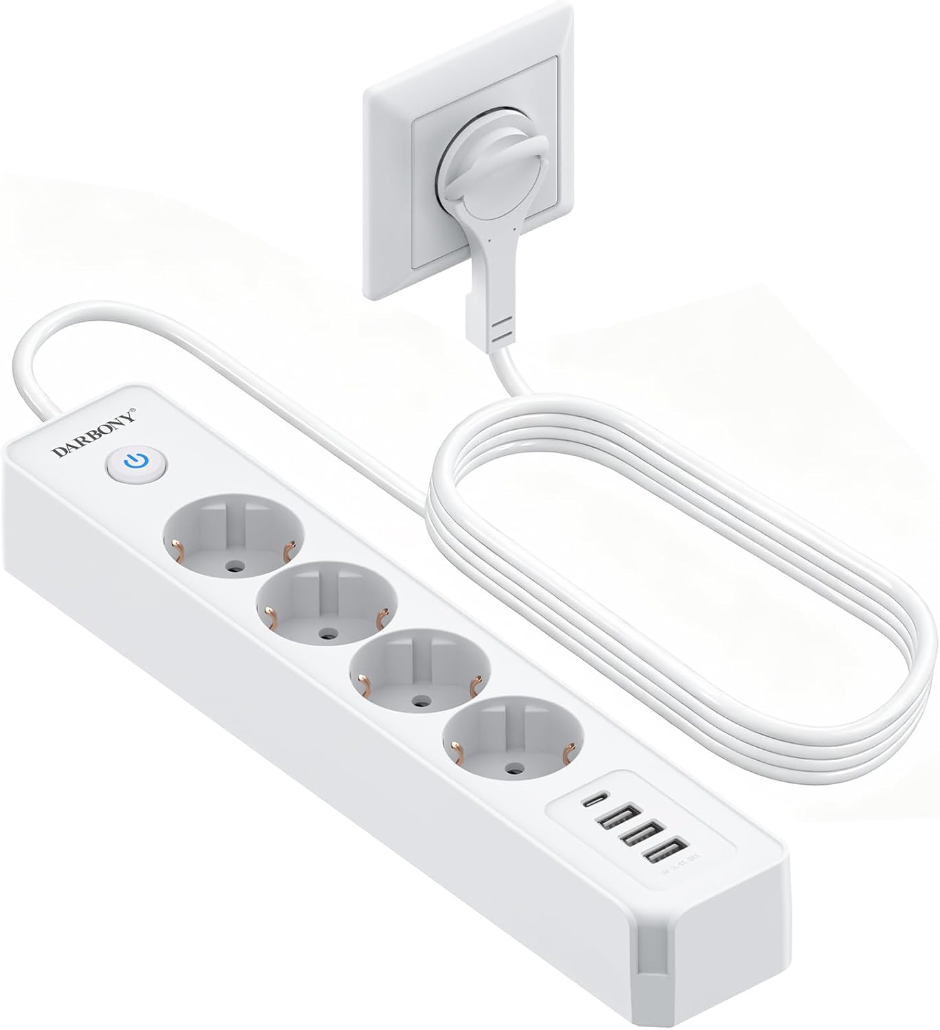 Listwa zasilająca Darbony z 4 gniazdami USB, z przełącznikiem, ochrona przed przepięciem, 3680 W, 16 A