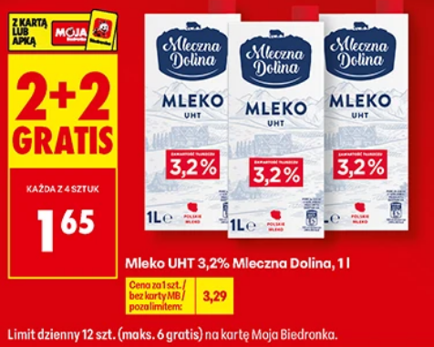 Mleko UHT 3.2% Mleczna Dolina, 1 L (2+2 GRATiS)