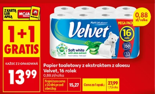 Papier toaletowy z ekstraktem z aloesu VELVET, 16 rolek (1+1 GRATIiS)