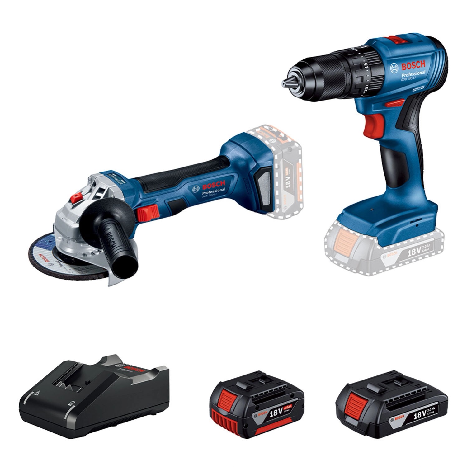 Bosch Professional Zestaw narzędzi akumulatorowych GSB185-Li/GWS 180-Li/GBA 18V