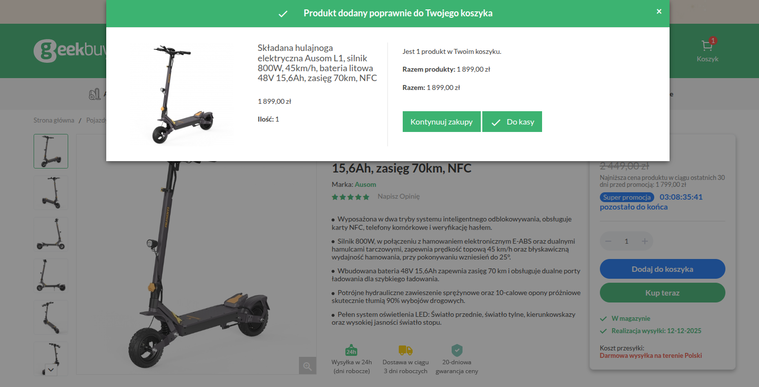 Dodawanie produktu do koszyka w Geekbuying