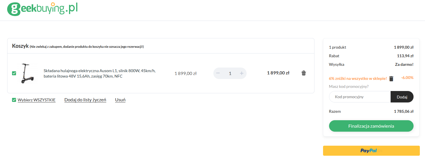 Naliczony kod rabatowy HTSP6 w Geekbuying.pl