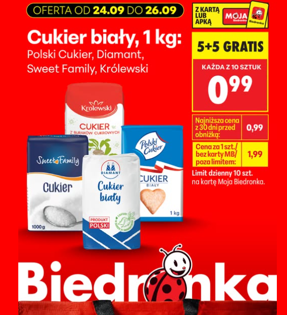 Cukier biały w Biedronce za 99 gr - promocja 5+5 gratis