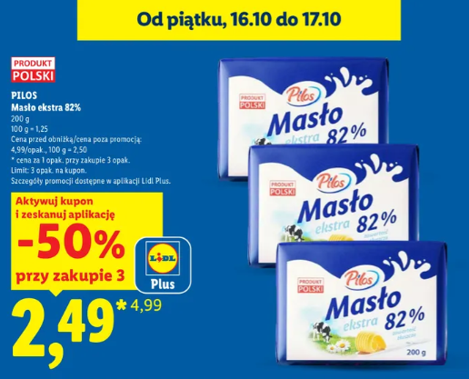 Masło ekstra 82% Pilos w Lidlu przy zakupie 3 sztuk
