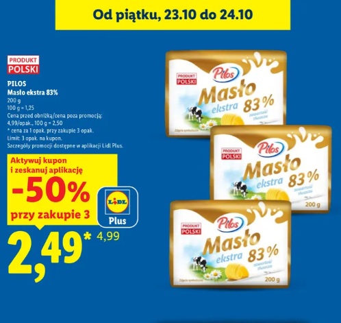 Masło ekstra 83% PILOS w Lidlu za 2,49 zł przy zakupie 3 sztuk do soboty 24.10