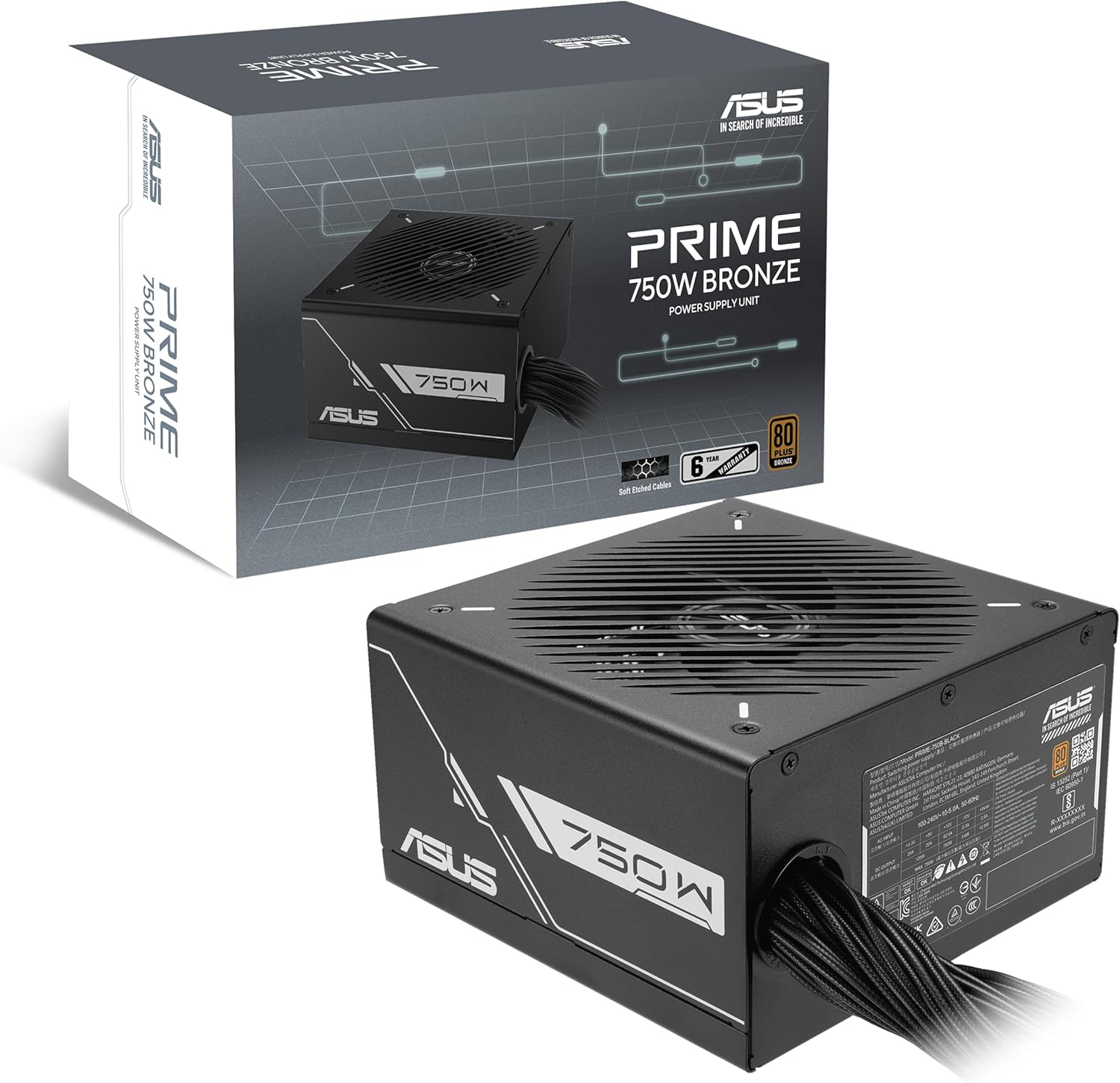 Zasilacz PC ASUS Prime 750W Bronze - (750 W, 80 Plus brąz, grawerowane kable, wentylator z podwójnym łożyskiem kulkowym, konstrukcja wentylatora 135 mm)