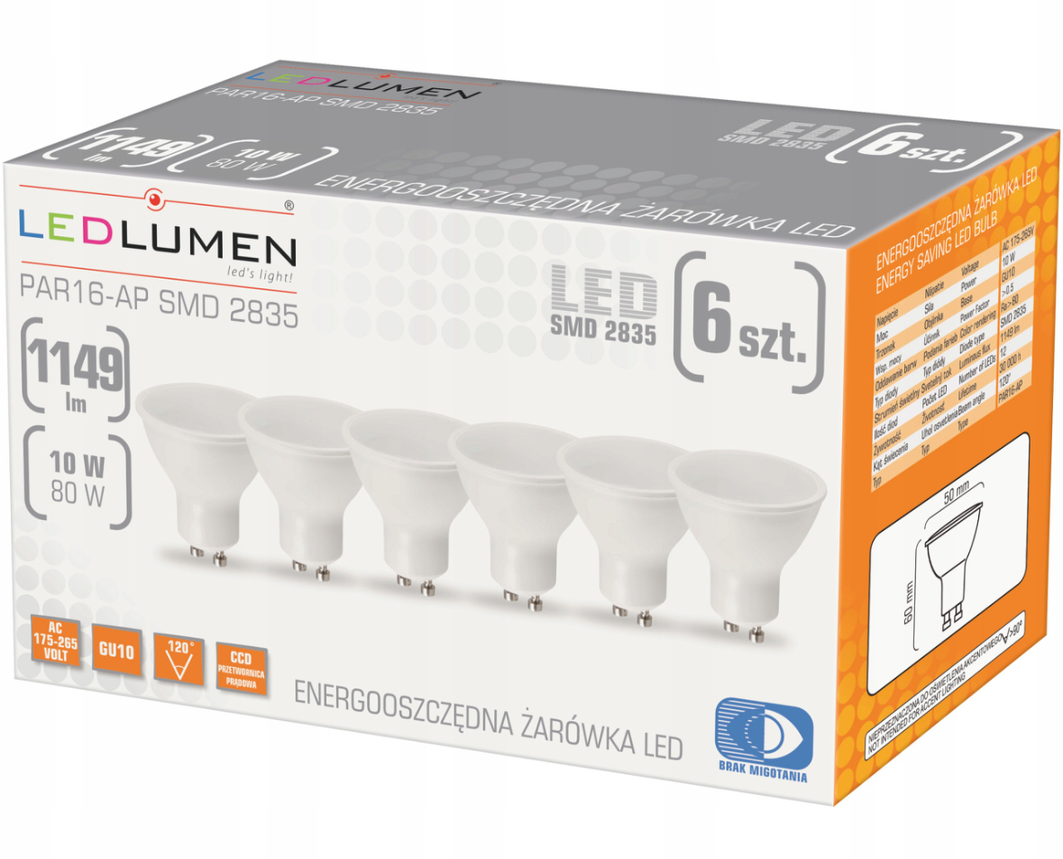 Zestaw 6 szt. mega mocnych żarówek LED 10W GU10 z przetwornicą CCD