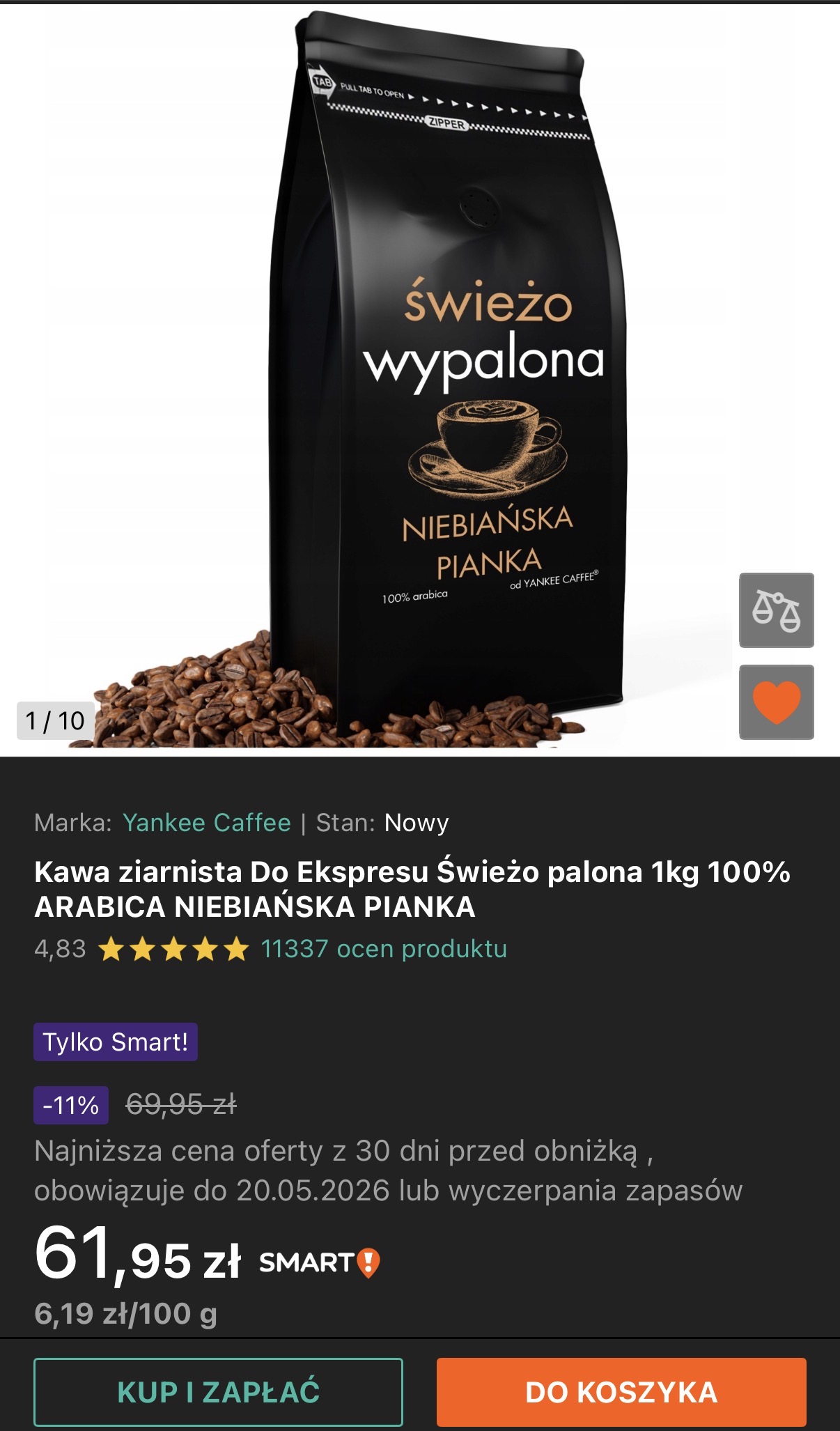 Kawa ziarnista świeżo Palona 1kg Niebiańska Pianka