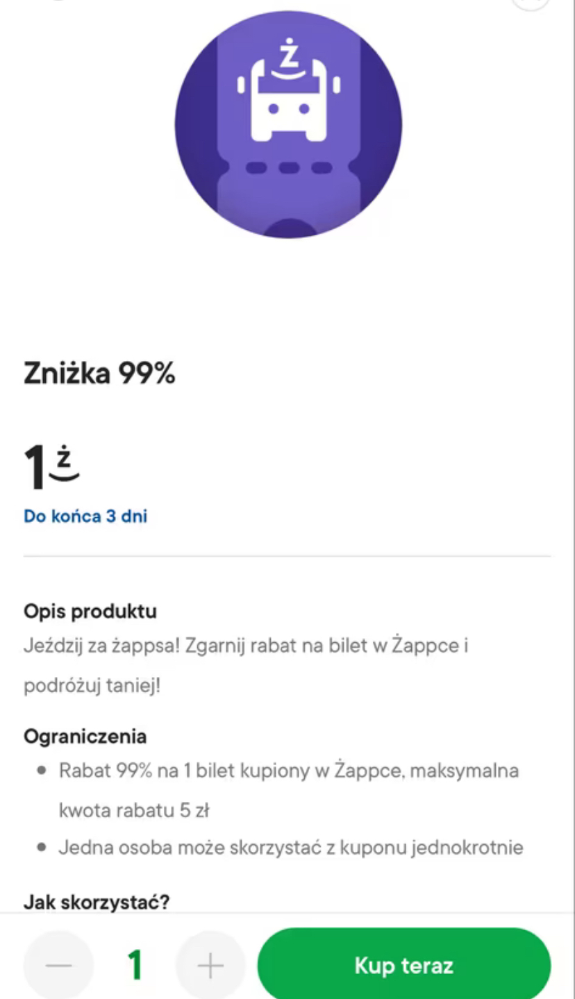 Zniżka 99% na bilet komunkacji za 1 żabsa