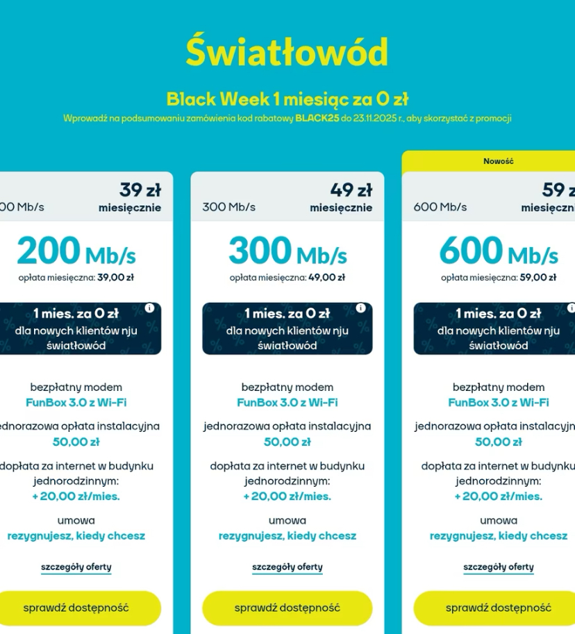 Światłowód Nju miesiąc za 0 zł niezależnie od prędkości - od 200 do 600 Mbit