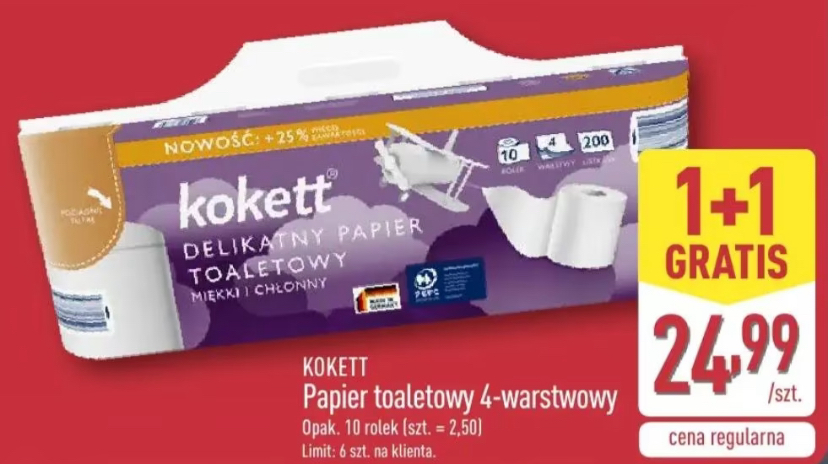 Papier toaletowy 4-warstwowy Kokett opak. 10 rolek 200 listków 1+1 gratis - cena za opak. przy zakupie 2 opakowań