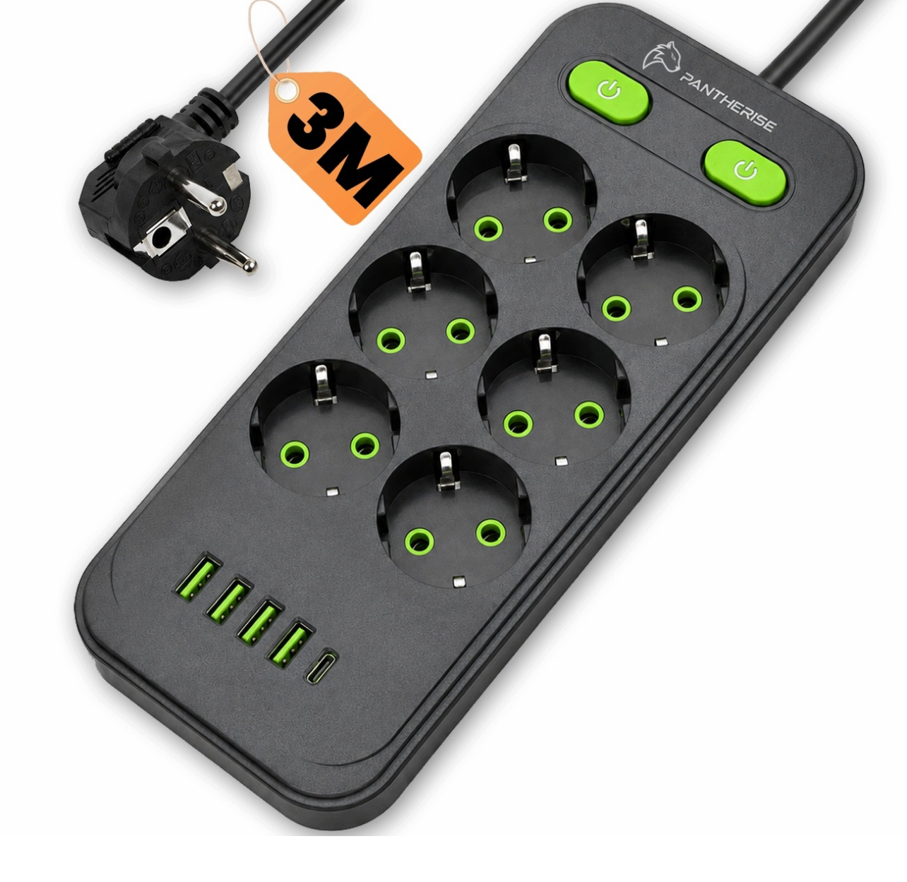 PRZEDŁUŻACZ LISTWA ZASILAJĄCA 11W1 4xUSB TYP Cx1 6x230V WŁĄCZNIKI 3M 2500W