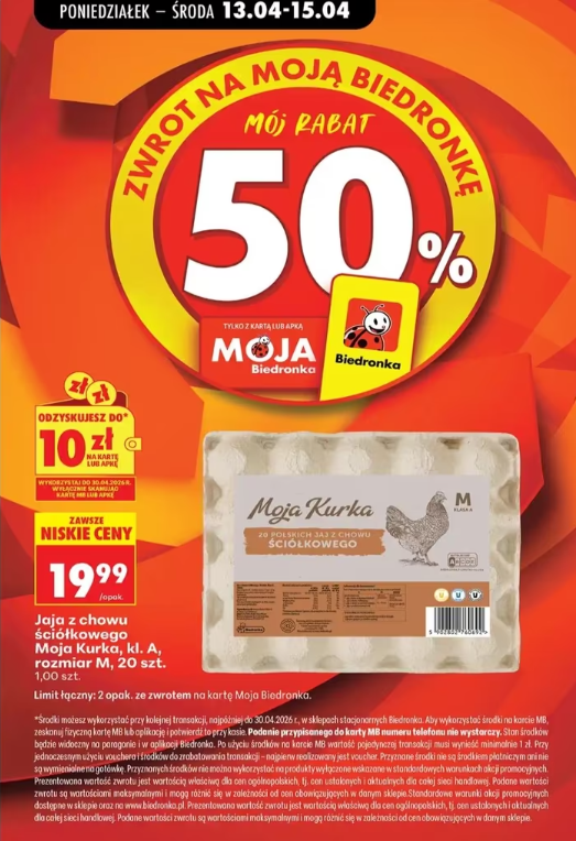 [Biedronka] Zwrot 10 zł na kartę - Jaja ściółkowe Moja Kurka M 20 szt.