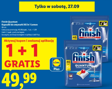Kapsułki Finish Quantum 46 sztuk 1+1 gratis w sobotę w Lidlu