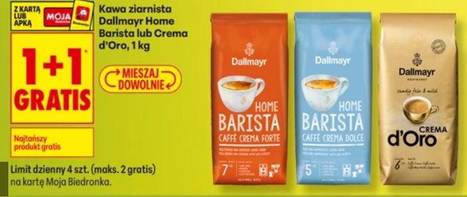 Kawa ziarnista Dallmayr Home Barista lub Crema d'Oro, 1 KG (1+1 GRATiS)